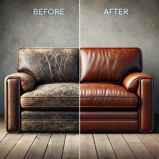 👉 „Vorher-Nachher-Vergleich einer Lederreparatur mit Flüssigleder an einem dunkelbraunen Ledersofa. Links sichtbare Kratzer, Risse und Verfärbungen, rechts vollständig restauriert, glatte und farbintensive Lederoberfläche.“