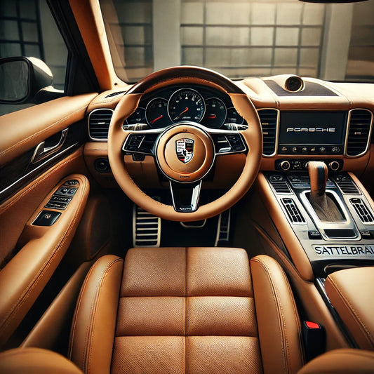 Porsche Cayenne Interieur mit frisch gepflegten Luxorbeige Ledersitzen und repariertem Lenkrad in Schwarz, ideal für Lederpflegeprodukte und Lederfarben aus dem Ledertechnik Shop.