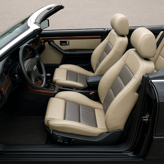 „Audi 80 Cabriolet Interieur mit offenem Verdeck – originale Lederfarben Ecrue und Platin, Sitze & Lenkrad im Detail | Lederpflege & Lederfarbe Originalfarbtöne für Klassiker – Made in Germany“ ✅