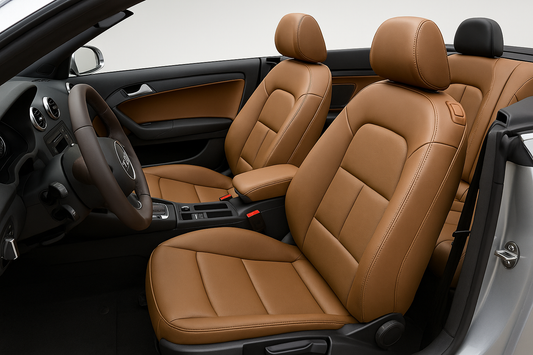 Audi A3 Cabriolet Interieur in Marronbraun Leder – hochwertige Ledersitze, gepflegtes Cabrio-Leder mit Originalfarbtönen und Farbcodes für Lederpflege & Lederfarbe.