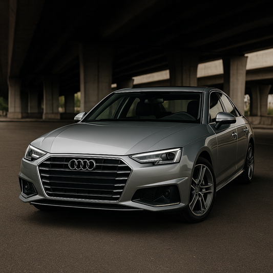 Audi A4 in Silber – Frontansicht unter Brücke | Lederpflege & Lederfarbe Originalfarbtöne für Sitze & Lenkrad | Premium Interieur Made in Germany