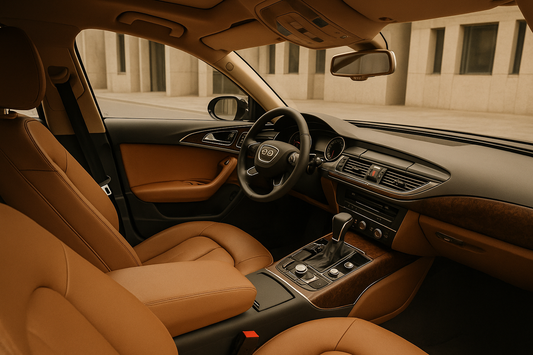 „Audi A8 Luxusinterieur mit braunen Ledersitzen & Lenkrad – Premium Lederpflege & Lederfarbe in Originalfarbtönen für Sitze, Türverkleidung & Armlehne – Made in Germany“ ✅