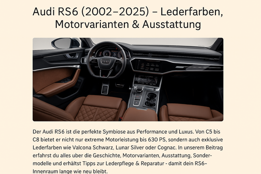 „Audi RS6 C8 Innenraum mit braunem Valcona-Leder, Rautensteppung und digitalem Cockpit – Blogartikel über RS6 Lederfarben, Motorvarianten & Ausstattung (2002–2025)“