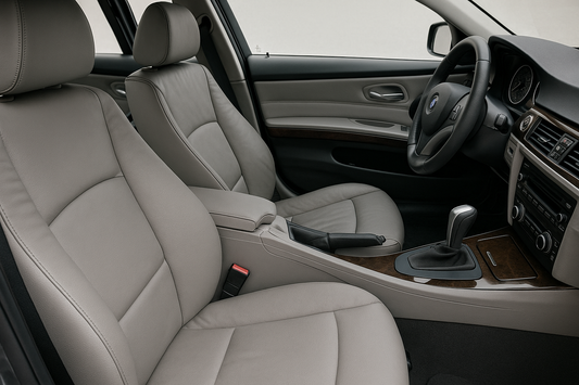 BMW Innenraum mit Ledersitzen in Alaskagrau – Original Lederfarbe für Sitze, Lenkrad und Türverkleidungen.