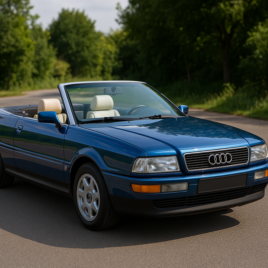 Audi 80 Cabriolet in Royalblau mit beiger Lederausstattung, Cabrio offen – geeignet für Lederpflege, Lederreparatur und Lenkradaufbereitung.