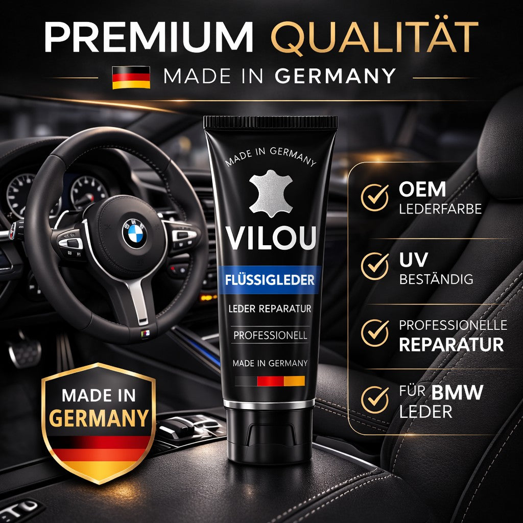 BMW Leder Reparatur Set Inhalt mit Flüssigleder Schleifpad und Holzspatel für Ledersitze und Lenkräder