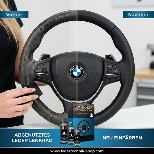Abgenutztes BMW Lederlenkrad vorher nachher – Reparatur mit Lenkrad Reparatur Set