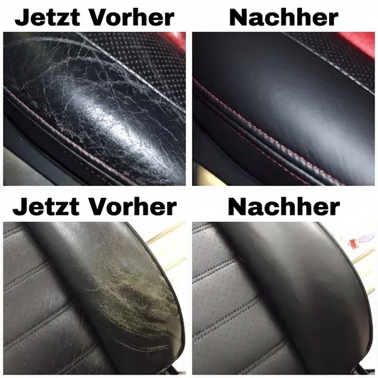 Lederfarbe Schwarz Vorher Nachher – stark abgenutztes schwarzes Autoleder nach Reparatur tiefschwarz, matt und gleichmäßig