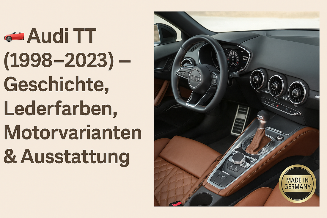 Audi TT Innenraum mit braunem Feinnappa-Leder, Rautensteppung und schwarzem Cockpit – Blogartikel über Geschichte, Lederfarben, Motorvarianten und Ausstattung (1998–2023) – Made in Germany