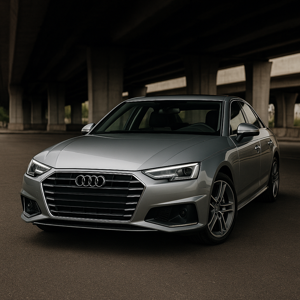 Audi A4 in Silber – Frontansicht unter Brücke | Lederpflege & Lederfarbe Originalfarbtöne für Sitze & Lenkrad | Premium Interieur Made in Germany