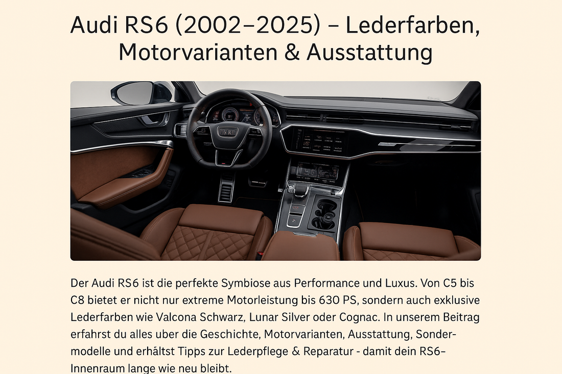 „Audi RS6 C8 Innenraum mit braunem Valcona-Leder, Rautensteppung und digitalem Cockpit – Blogartikel über RS6 Lederfarben, Motorvarianten & Ausstattung (2002–2025)“