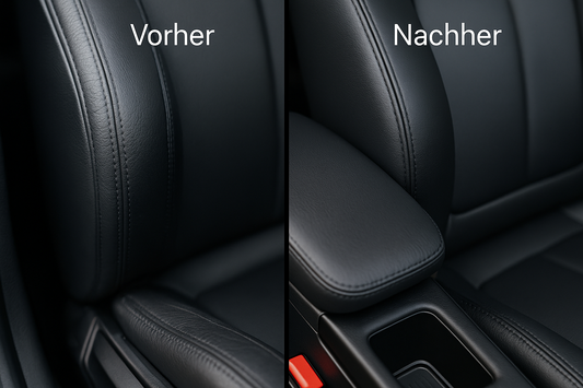 BMW Sitzwange und Mittelarmlehne: Vorher/Nachher – mit 50 ml BMW Lederfarbe Schwarz ausgebessert; Abrieb entfernt, gleichmäßiges, mattes Finish.
