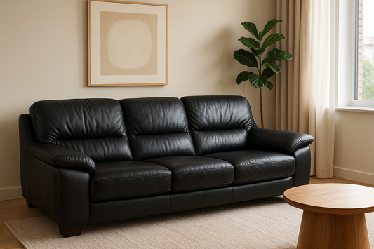 Modernes Wohnzimmer mit schwarzem Ledersofa – repariert mit Flüssigleder Schwarz für Möbelleder gegen Risse und Kratzer