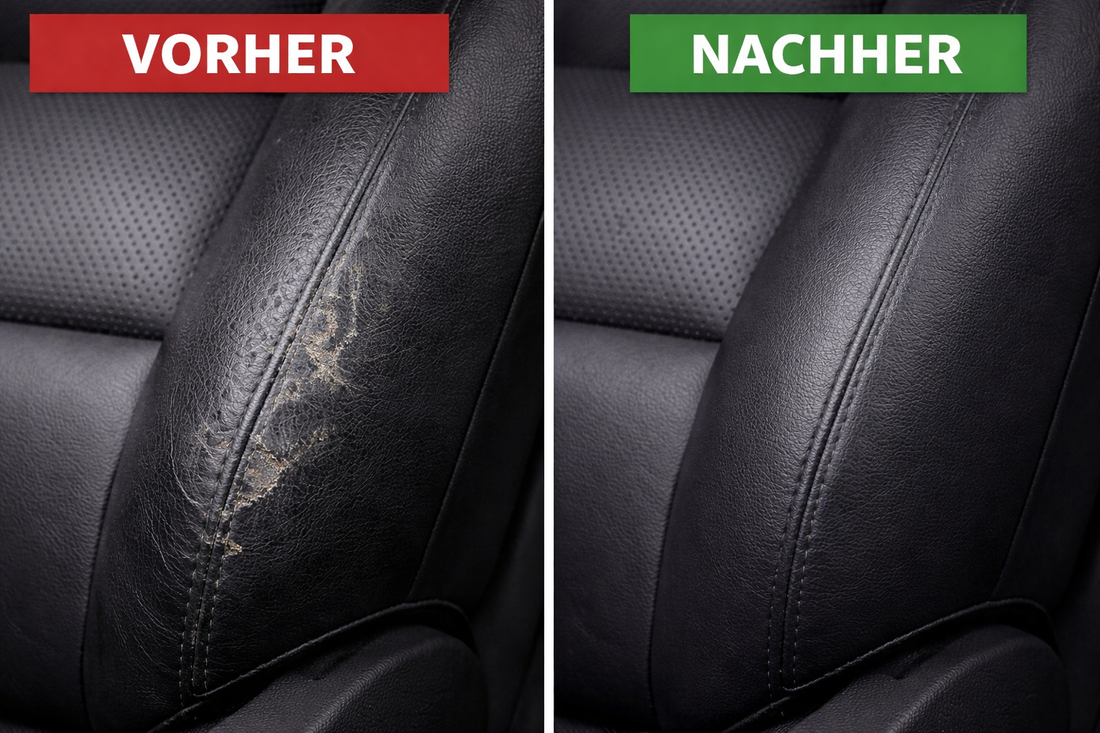 Flüssigleder vorher nachher – Autoleder Sitzflanke mit Loch reparieren – Ergebnis nach Flüssigleder, Lederfarbe und Versiegelung