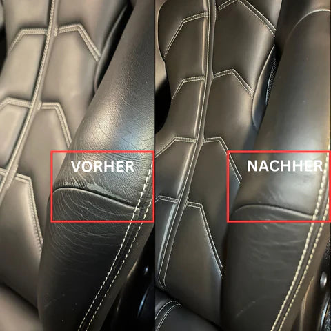„Vorher-Nachher-Vergleich einer schwarzen Leder-Sitzwange im Auto: links stark abgenutztes, graues Autoleder mit Farbabrieb, rechts nach der Reparatur tiefschwarz, gleichmäßig und matt aufgefrischt.“