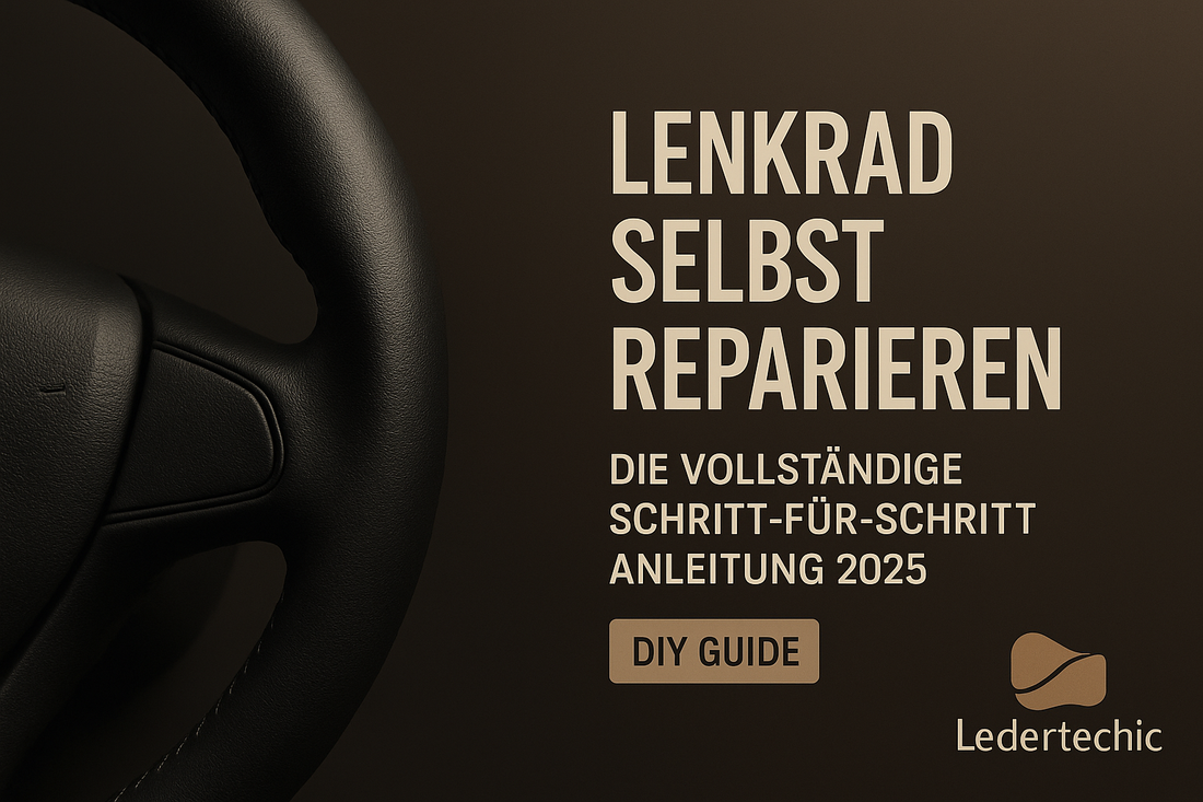 „Lenkrad reparieren Anleitung 2025 – modernes Bild mit Ledertechnik Logo, schwarzem Lederlenkrad, Reparatur-Set und Schritt-für-Schritt Darstellung im Markenstil von Ledertechnik.“