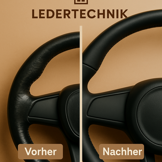 „Vorher-nachher Vergleich eines speckigen glänzenden Lederlenkrads vs. matt repariertem Lenkrad mit Ledertechnik Logo – professionelle Lenkradaufbereitung 2025.“