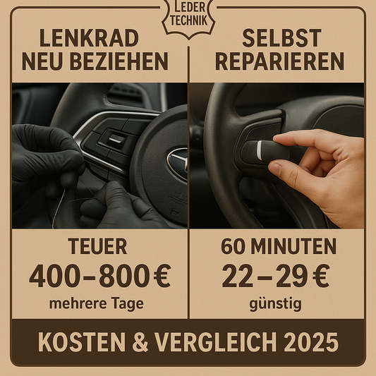 „Vergleich Lenkrad neu beziehen vs. selbst reparieren – Kosten, Ergebnis und Zeitaufwand 2025 mit Ledertechnik Logo im Markenstil.“