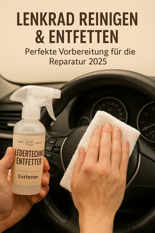 „Anleitung: Lenkrad richtig reinigen und entfetten mit Ledertechnik – Schritt-für-Schritt Vorbereitung für die perfekte Lederreparatur.“