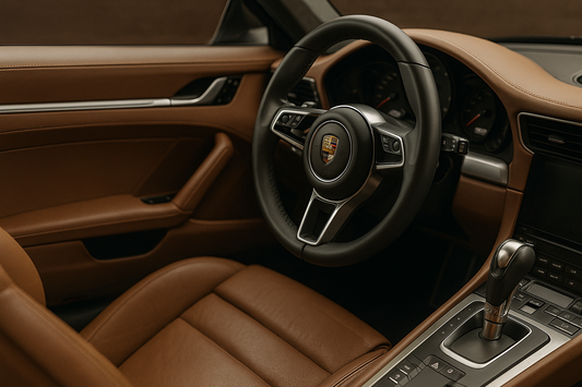 Porsche Interieur in edlem Cognac-Leder – Lenkrad, Sitz und Mittelkonsole im Detail. Zeigt hochwertiges Glattleder für Lederpflege, Farbauffrischung und Reparatur. Original Ledertechnik – Made in Germany seit 1999.