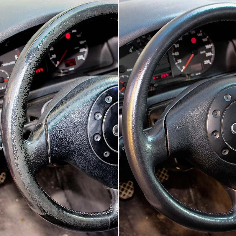Steering wheel repair kit test – worn leather steering wheel before and after restoration, black matte OEM finish