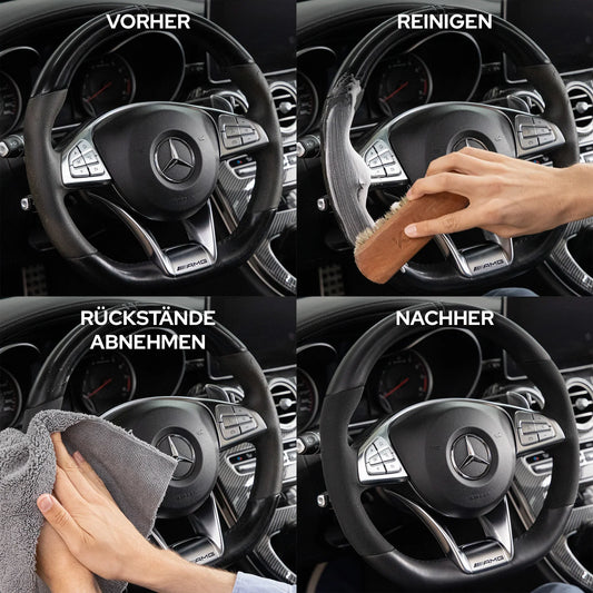 Lederlenkrad reinigen vorher nachher matt sauber Anleitung