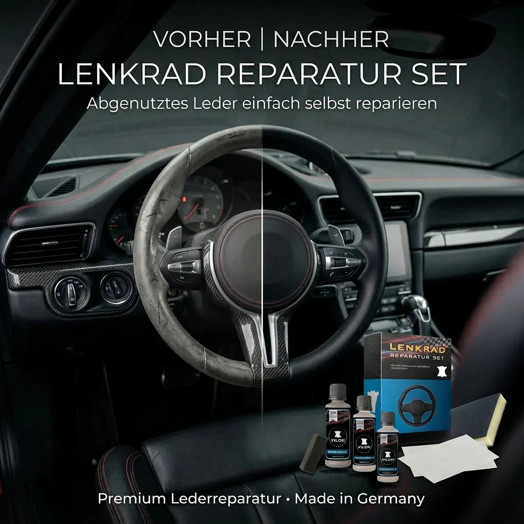 Abgegriffenes Lederlenkrad vorher nachher Reparatur matt Ergebnis