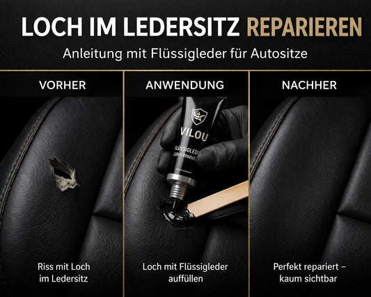 Loch im Ledersitz reparieren mit Flüssigleder Anleitung Autositz vorher nachher Holzspatel Ledertechnik