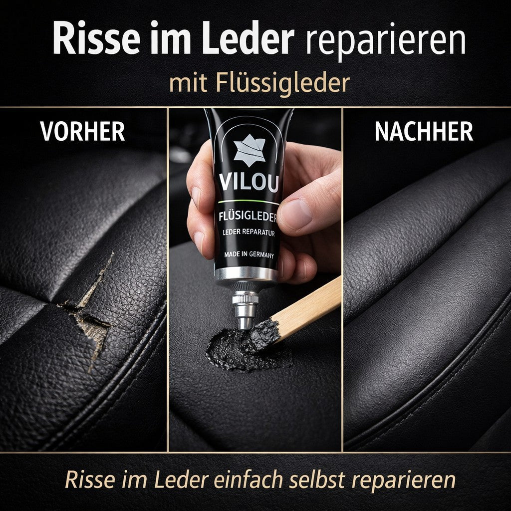 Risse im Leder reparieren mit Flüssigleder Anleitung Autositz vorher nachher Holzspatel Ledertechnik