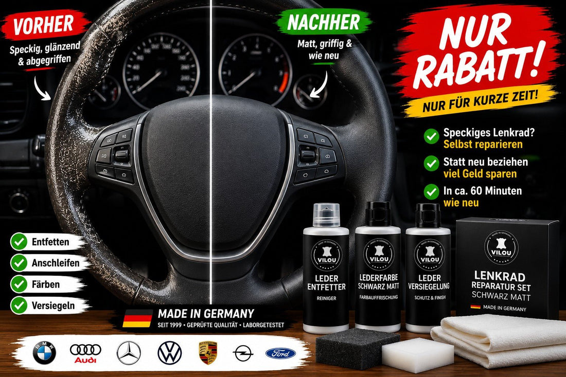 Speckiges Lenkrad? Jetzt Rabatt auf das Lenkrad Reparatur Set sichern - Ledertechnik-Shop