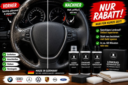 Speckiges Lenkrad? Jetzt Rabatt auf das Lenkrad Reparatur Set sichern - Ledertechnik-Shop