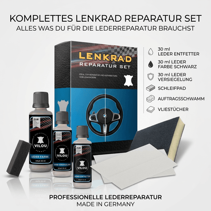 30 ml Lenkrad Reparatur Set Schwarz Matt oder Glanz mit Entfetter, Lederfarbe, Versiegelung und Zubehör