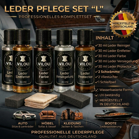 VILOU Lederpflege Set L – Lederreiniger, Lederentfetter, Lederfarbe, Versiegelung und Protector 30 ml Komplettset zur Lederpflege für Auto, Möbel, Kleidung und Boot