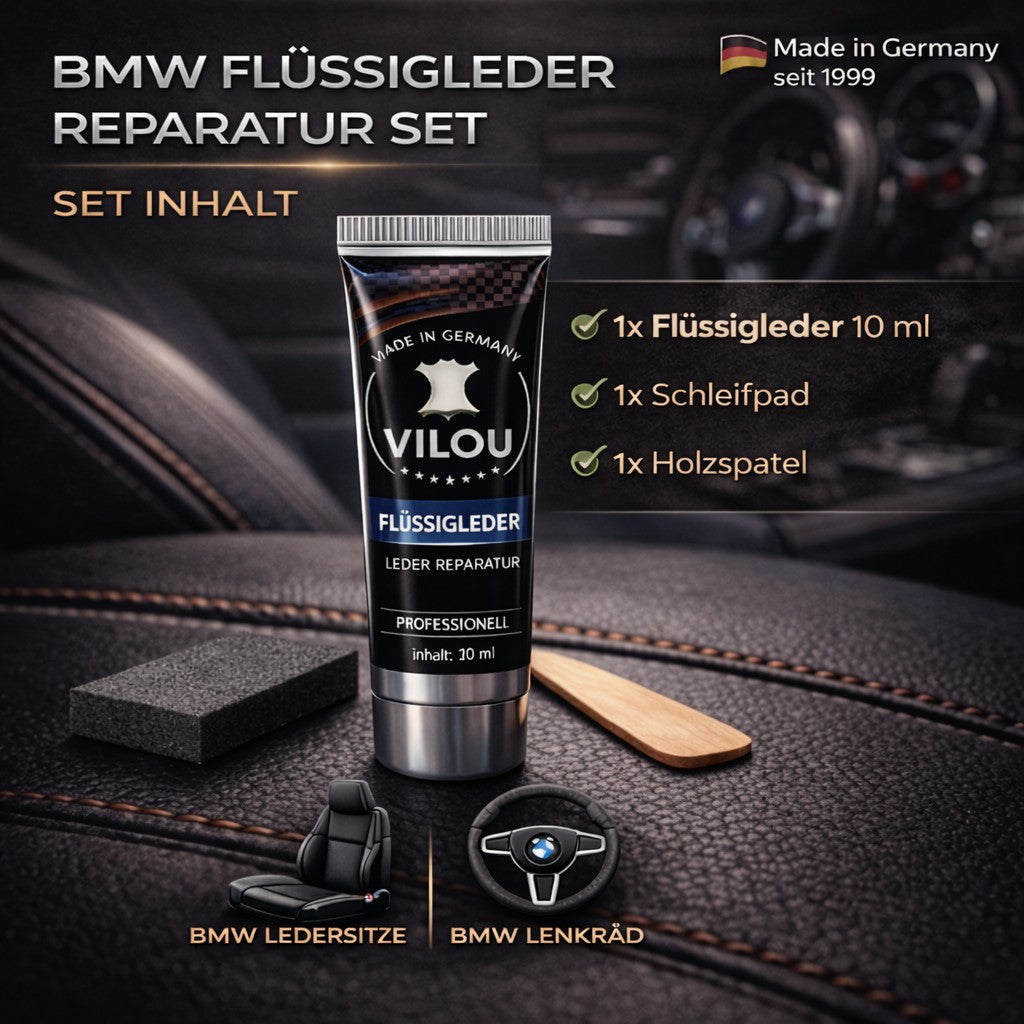 BMW Flüssigleder Leder Reparatur Set 10 ml für BMW Ledersitz Reparatur und BMW Lenkrad Leder Reparieren mit Schleifpad und Spatel