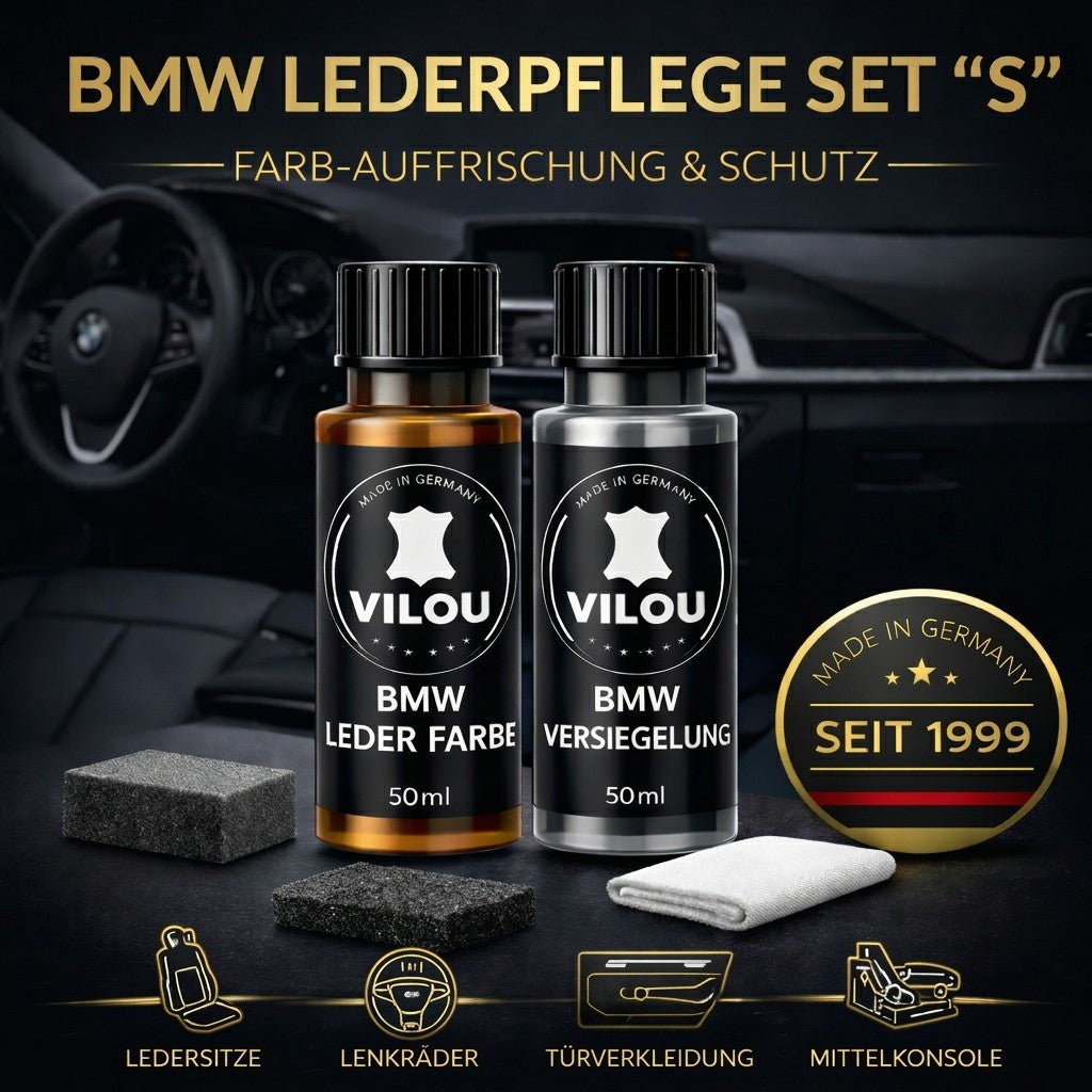 BMW Lederpflege Set S mit Leder Farbe und Leder Versiegelung von VILOU – Made in Germany seit 1999 – Lederpflege für Ledersitze, Lenkräder, Türverkleidung und Mittelkonsole inklusive Schwamm, Schleifpad und Vliestuch